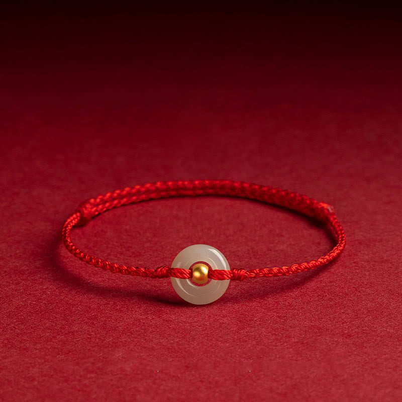 Jade 999 Gold Bead Round Peace Buckle Hetian Jade Luck Abundance Braided Bracelet Anklet
