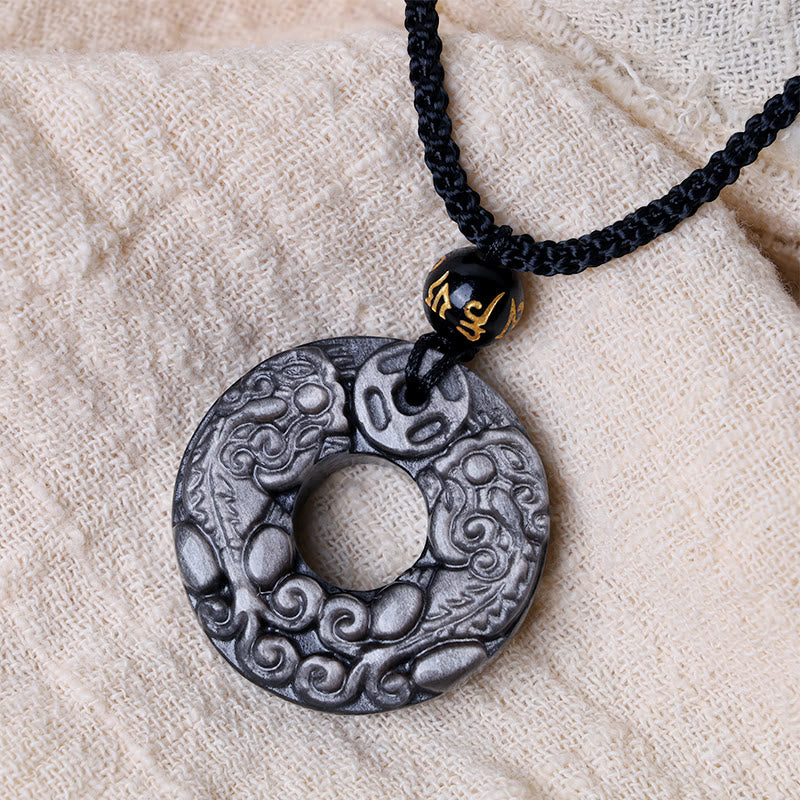 Spirituality Buddha Karma Natural Silver Sheen Obsidian Double PiXiu Copper Coin Peace Buckle Protection Necklace Pendant