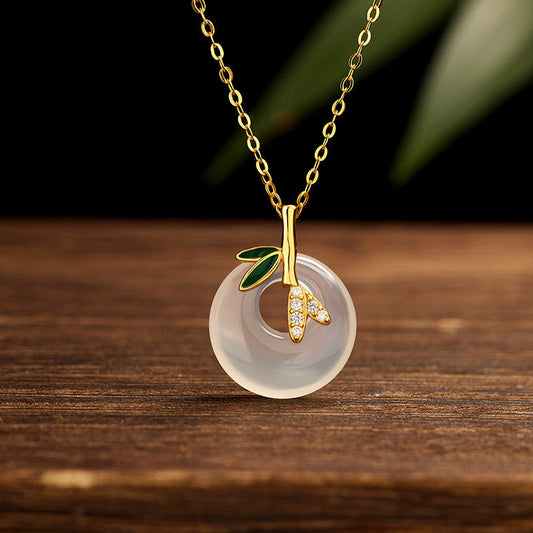 Jade 925 Sterling Silver Natural Chalcedony Bamboo Leaf Peace Buckle Positive Necklace Pendant