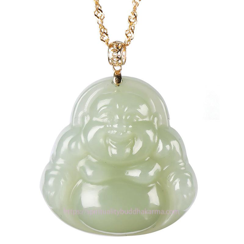 Buddha Energy Necklace 925 Sterling Silver Laughing Buddha Cyan Jade 18K Gold Success Necklace Pendant