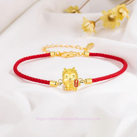 Ancient Tibetan Buddhist Red String Tradition 925 Sterling Silver Year Of The Dragon Lucky Golden Dragon Strength Red Rope Chain Bracelet