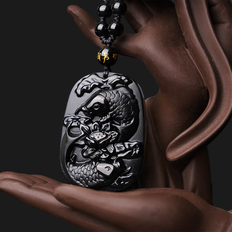 Spirituality Buddha Karma Natural Black Obsidian Koi Fish Lotus Strength Beaded Necklace Pendant