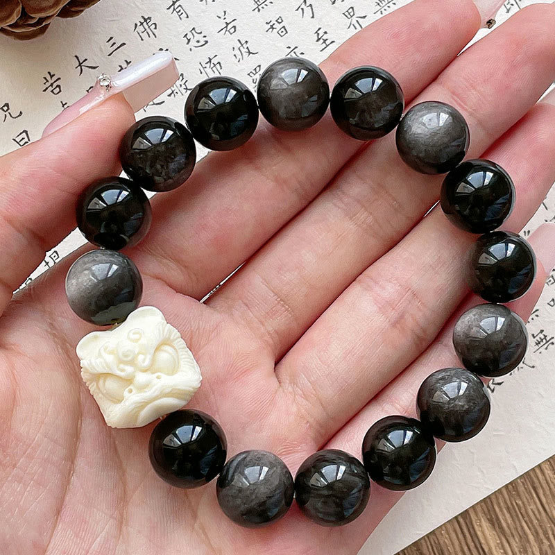 Spirituality Buddha Karma Silver Sheen Obsidian Bodhi Seed Ivory Fruit Dancing Lion Protection Bracelet
