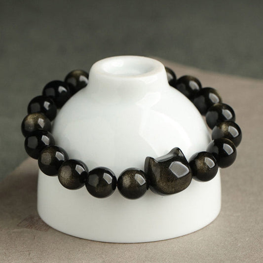 Spirituality Buddha Karma Gold Sheen Obsidian Silver Sheen Obsidian Lovely Paw Lucky Cat Protection Bracelet