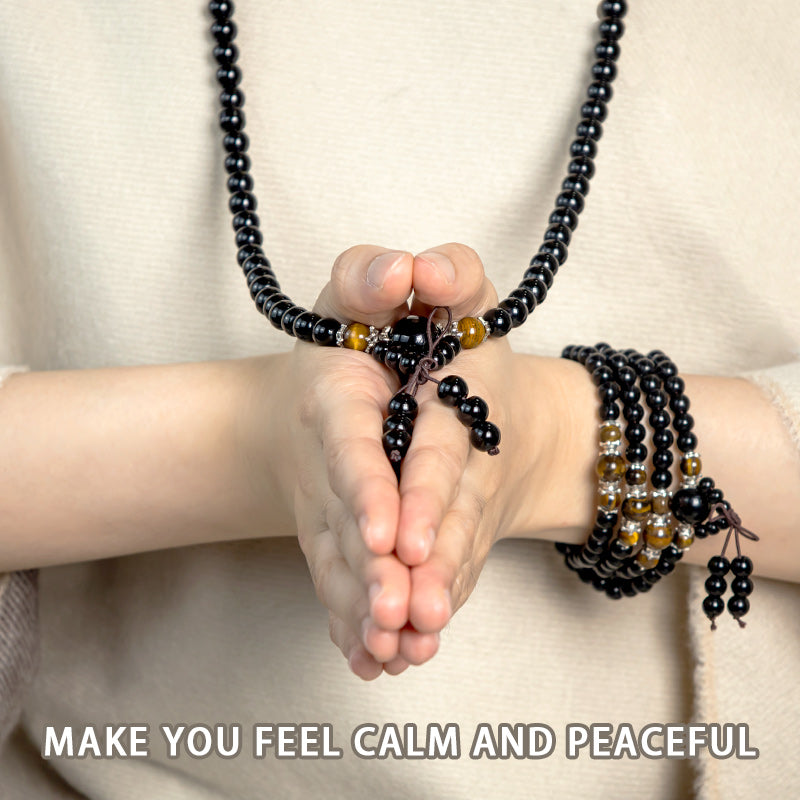 Spirituality Buddha Karma 108 Beads Natural Black Obsidian Tiger Eye Mala Bracelet