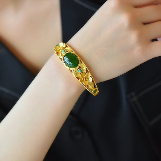 Jade Cyan Jade White Jade Flower Leaf Harmony Luck Bracelet Bangle