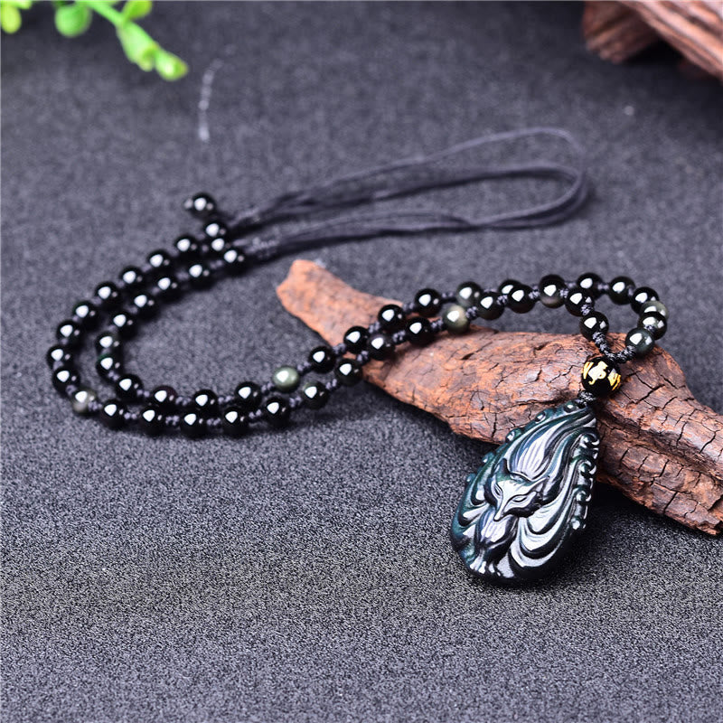 Spirituality Buddha Karma Natural Rainbow Obsidian Nine Tailed Fox Inner Peace Necklace Beaded String Pendant