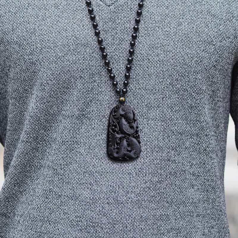 Spirituality Buddha Karma Black Obsidian Koi Fish Engraved Strength Beaded Necklace Pendant