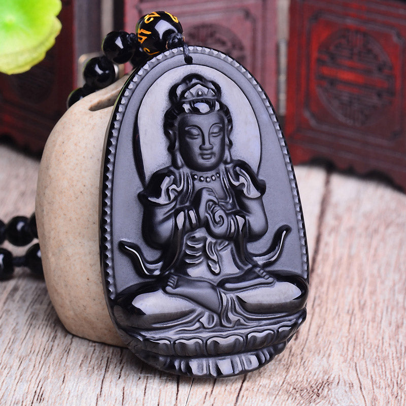 Spirituality Buddha Karma Chinese Zodiac Obsidian Buddha Amulet Protection Pendant Necklace