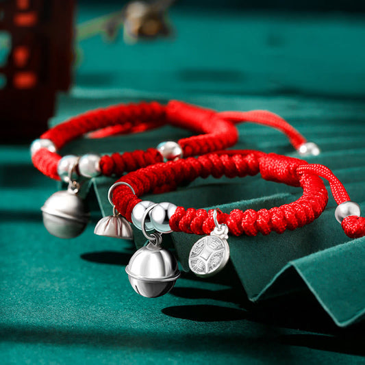 Ancient Tibetan Buddhist Red String Tradition 925 Sterling Silver Handmade Fu Character Lucky Money Bag Chinese Lock Charm Bell Lotus Copper Coin King Kong Knot Braided Kids Bracelet