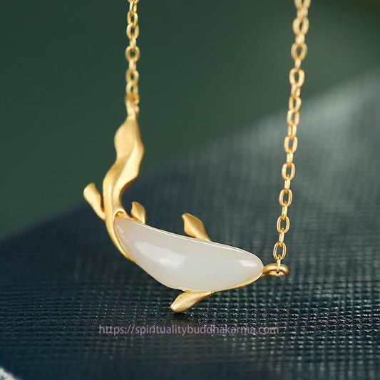 Jade 925 Sterling Silver White Jade Dolphin Luck Necklace Pendant