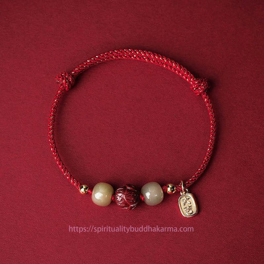 Jade 14K Gold Plated Hetian Jade Cinnabar Lotus Luck Handcrafted Rope Bracelet
