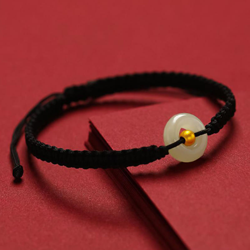 Jade 999 Gold Bead Round Peace Buckle Hetian Jade Luck Abundance Braided Bracelet Anklet