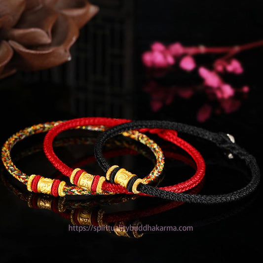 Ancient Tibetan Buddhist Red String Tradition Tibet 999 Gold Om Mani Padme Hum Engraved Protection Lucky Bead Bracelet