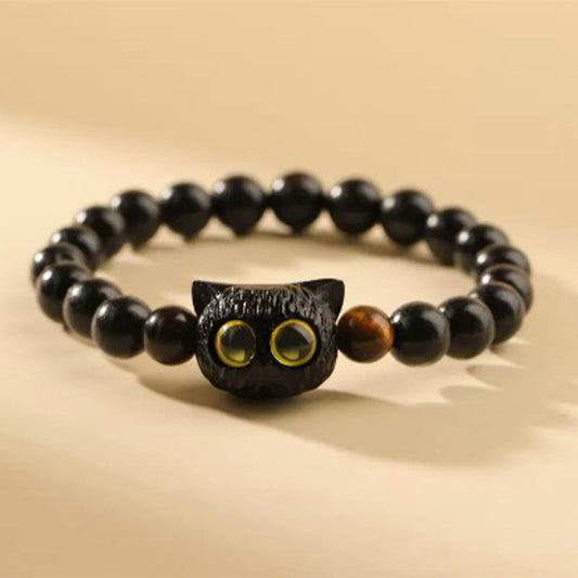 Ancient Tibetan Buddhist Red String Tradition  Cute Ebony Wood Cat Head Pattern Peace Bracelet