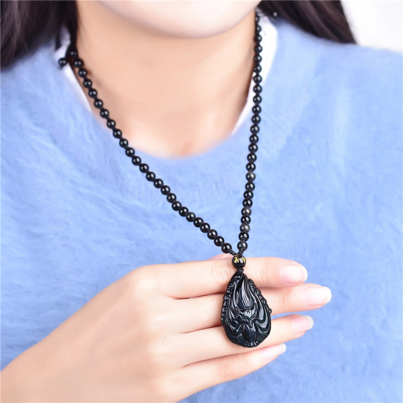 Spirituality Buddha Karma Natural Rainbow Obsidian Nine Tailed Fox Inner Peace Necklace Beaded String Pendant