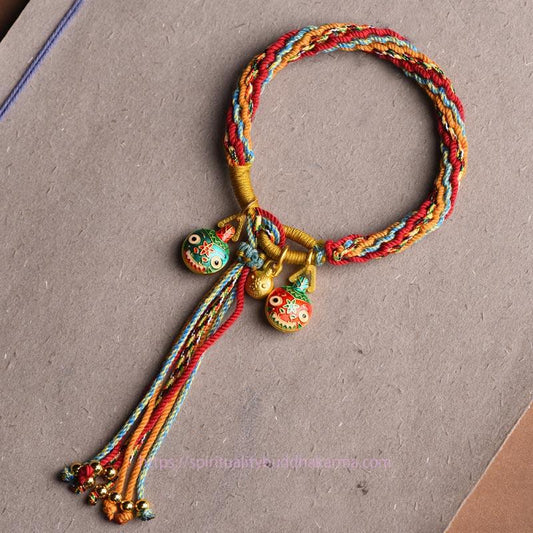 Ancient Tibetan Buddhist Red String Tradition Gold Swallowing Beast Family Luck Reincarnation Knot Braid Colorful String Bracelet