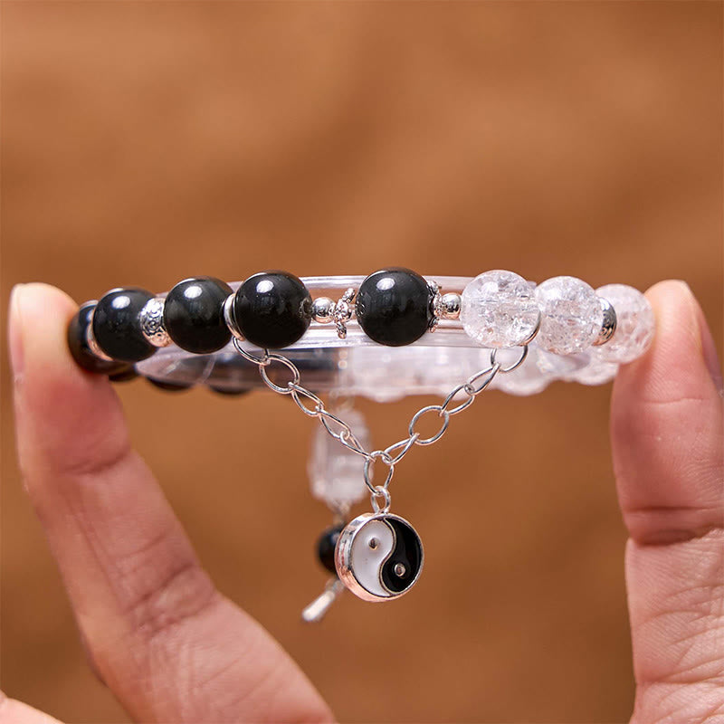 Spirituality Buddha Karma Silver Sheen Obsidian Crackle Clear Quartz Black Rutilated Quartz Yin Yang Lotus Protection Bracelet