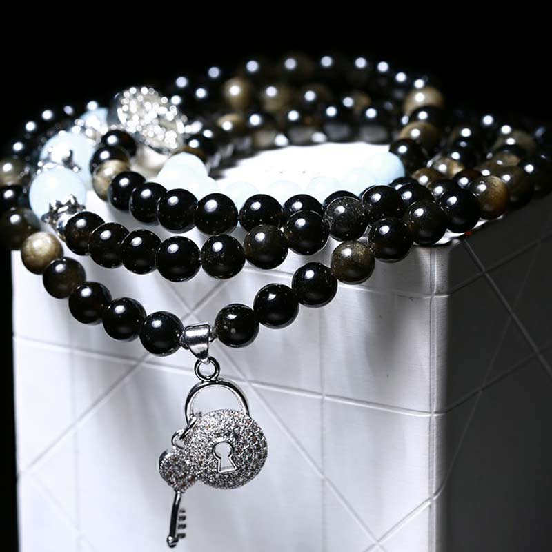 Spirituality Buddha Karma Natural Ice Obsidian Tiger Eye Gourd Bracelet Mala