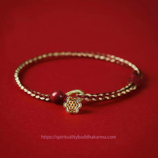 Ancient Tibetan Buddhist Red String Tradition Handmade 925 Sterling Silver Lotus Cinnabar Gold Bead Blessing Braid Bracelet