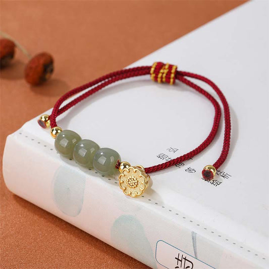 Ancient Tibetan Buddhist Red String Tradition Handmade Hetian Jade Bead Lotus Pod Prosperity Luck Braided Bracelet