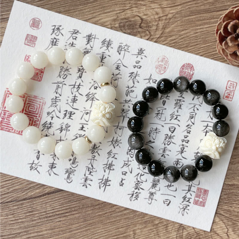 Spirituality Buddha Karma Silver Sheen Obsidian Bodhi Seed Ivory Fruit Dancing Lion Protection Bracelet