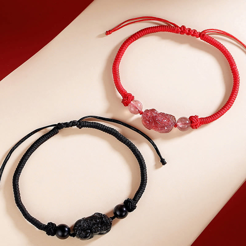 Spirituality Buddha Karma Handmade Natural Silver Sheen Obsidian Strawberry Quartz PiXiu Protection Braided Bracelet