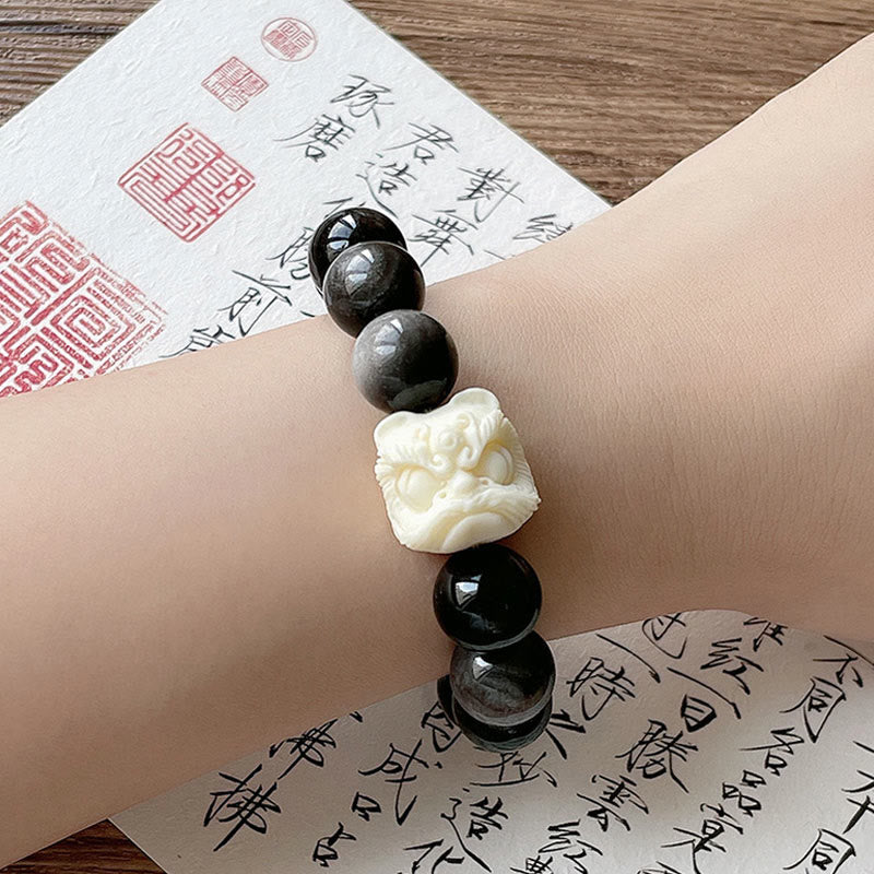 Spirituality Buddha Karma Silver Sheen Obsidian Bodhi Seed Ivory Fruit Dancing Lion Protection Bracelet