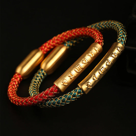 Ancient Tibetan Buddhist Red String Tradition Handmade 999 Sterling Silver Om Mani Padme Hum Protection Dragon Scale Braided Magnetic Buckle Bracelet