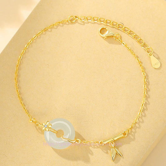 Jade 925 Sterling Silver Hetian Jade Chalcedony Peace Buckle Bamboo Leaf Prosperity Chain Bracelet