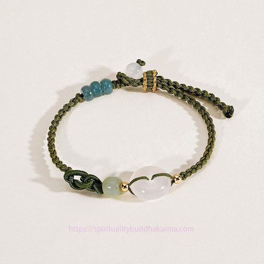 Ancient Tibetan Buddhist Red String Tradition 925 Sterling Silver White Chalcedony Peace Buckle Jade Positive Braided Bracelet