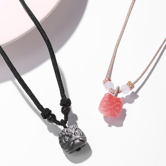 Spirituality Buddha Karma Natural Silver Sheen Obsidian Red Agate Dancing Lion Protection Necklace Pendant