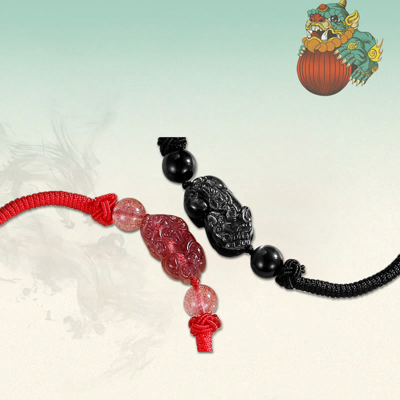 Spirituality Buddha Karma Handmade Natural Silver Sheen Obsidian Strawberry Quartz PiXiu Protection Braided Bracelet