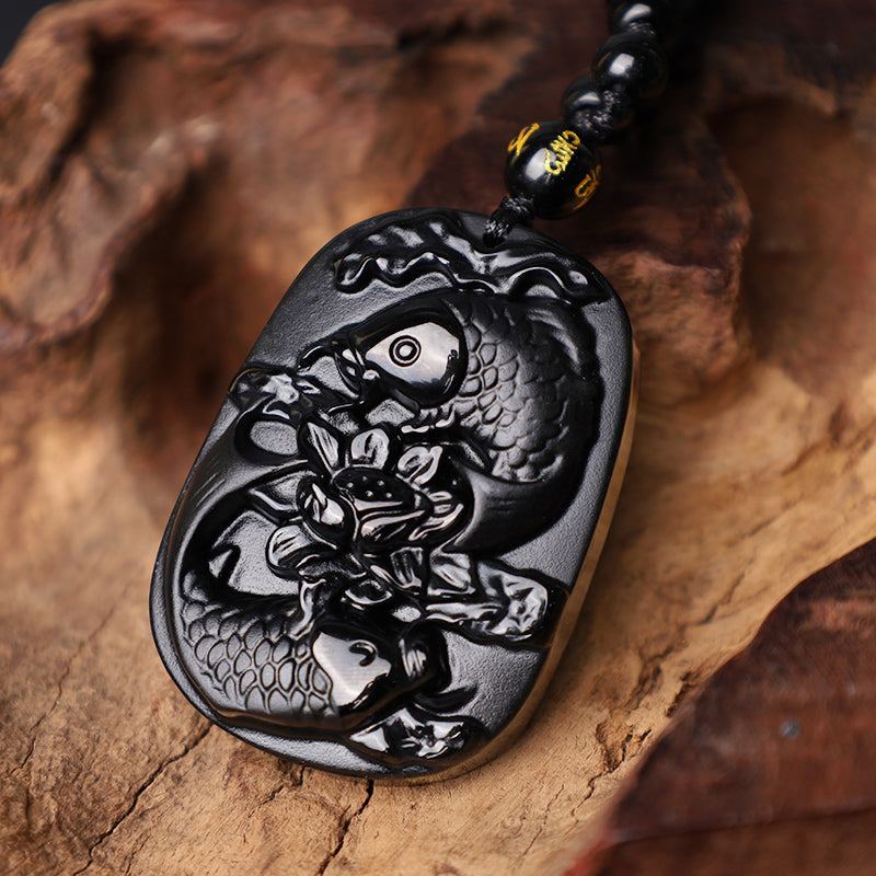 Spirituality Buddha Karma Natural Black Obsidian Koi Fish Lotus Strength Beaded Necklace Pendant