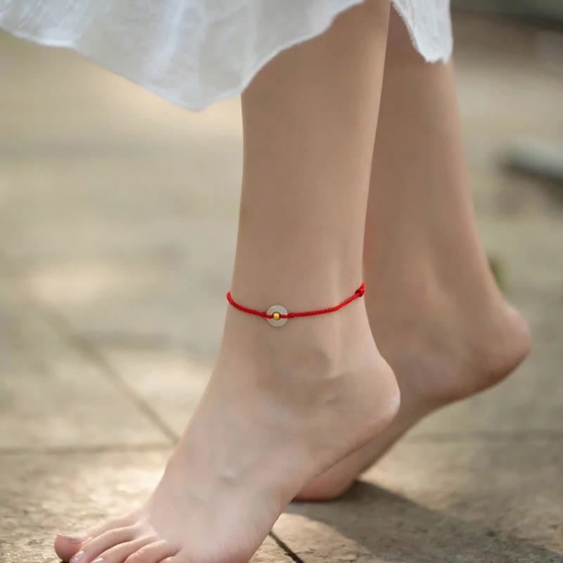 Jade 999 Gold Bead Round Peace Buckle Hetian Jade Luck Abundance Braided Bracelet Anklet