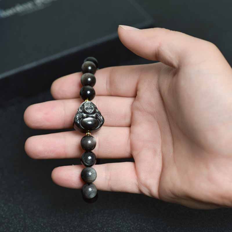Spirituality Buddha Karma Silver Sheen Obsidian Lotus Flower Nine Tailed Fox Laughing Buddha Protection Bracelet