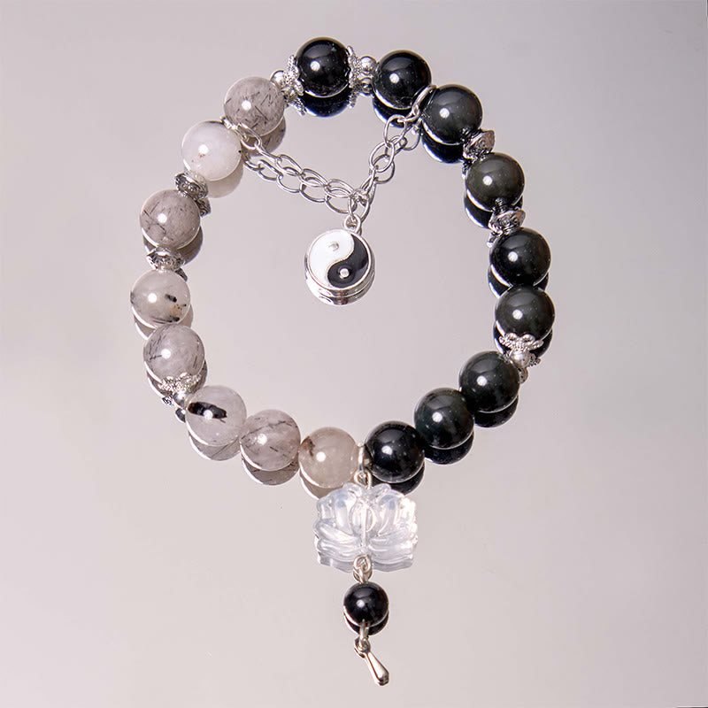 Spirituality Buddha Karma Silver Sheen Obsidian Crackle Clear Quartz Black Rutilated Quartz Yin Yang Lotus Protection Bracelet