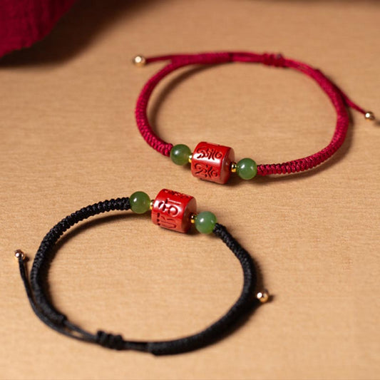 Ancient Tibetan Buddhist Red String Tradition Tibetan Cinnabar Om Mani Padme Hum Engraved Blessing Braided Rope Bracelet