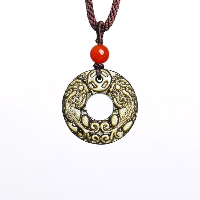 Spirituality Buddha Karma Gold Sheen Obsidian Peace Buckle Pixiu Copper Coin Wealth Necklace Pendant