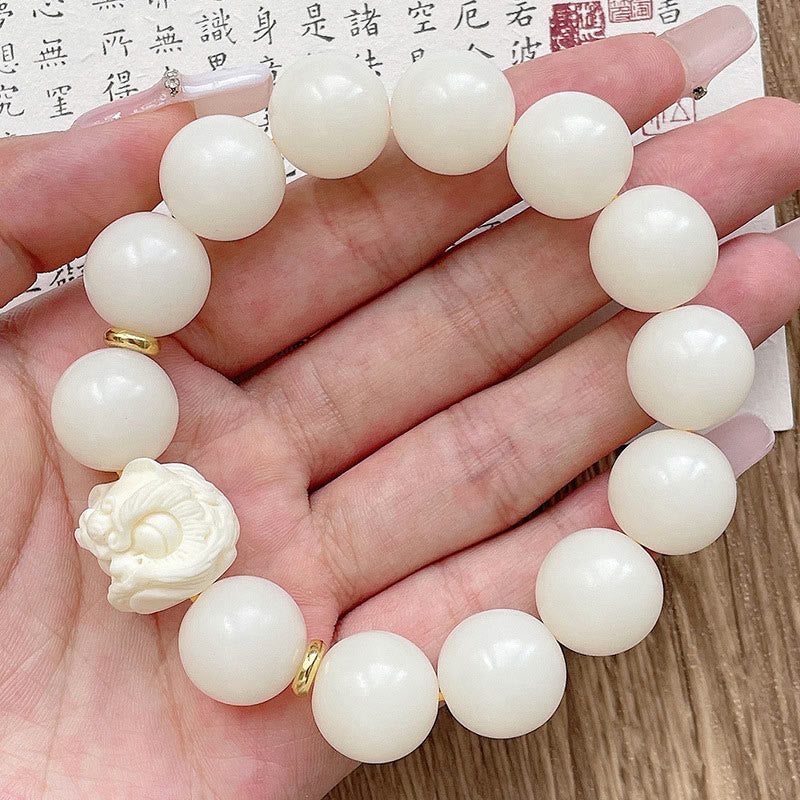 Spirituality Buddha Karma Silver Sheen Obsidian Bodhi Seed Ivory Fruit Dancing Lion Protection Bracelet