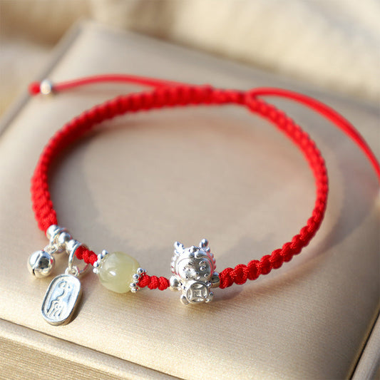 Jade Handmade Year Of The Dragon 999 Sterling Silver Hetian Jade Copper Coin Peace And Joy Protection Bracelet
