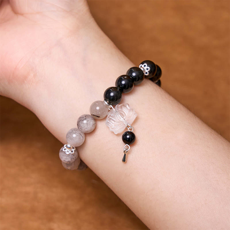 Spirituality Buddha Karma Silver Sheen Obsidian Crackle Clear Quartz Black Rutilated Quartz Yin Yang Lotus Protection Bracelet