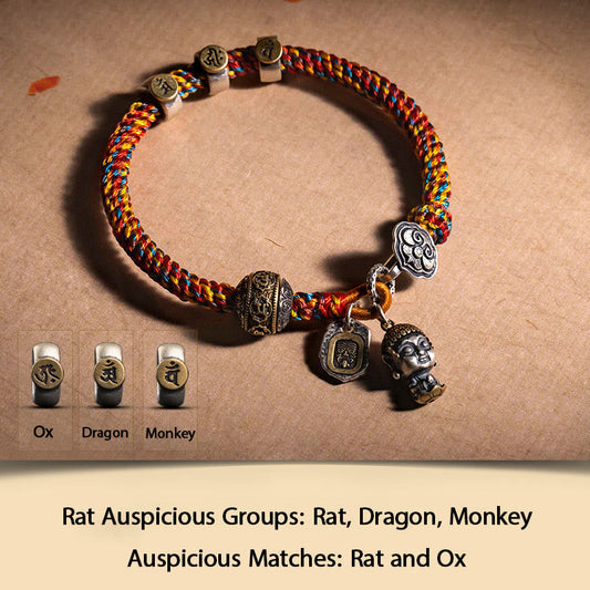 Tibetan Knot Protection Handmade Tibetan 925 Sterling Silver Chinese Zodiac Natal Buddha Zakiram Goddess of Wealth Protection Multicolored Rope Braided Bracelet