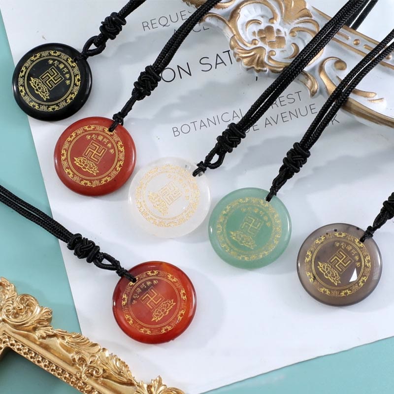 Spirituality Buddha Karma Swastika Lotus Pattern Natural Various Crystal Black Obsidian Purification Necklace Pendant