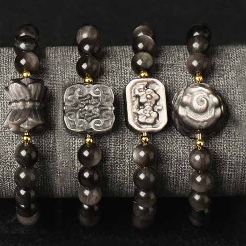 Spirituality Buddha Karma Silver Sheen Obsidian Lotus Flower Nine Tailed Fox Laughing Buddha Protection Bracelet