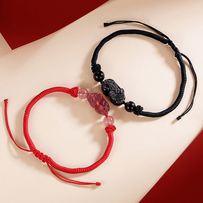 Spirituality Buddha Karma Handmade Natural Silver Sheen Obsidian Strawberry Quartz PiXiu Protection Braided Bracelet
