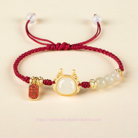 Ancient Tibetan Buddhist Red String Tradition Year of the Dragon Hetian White Jade Fu Character Peace And Joy Protection Bracelet