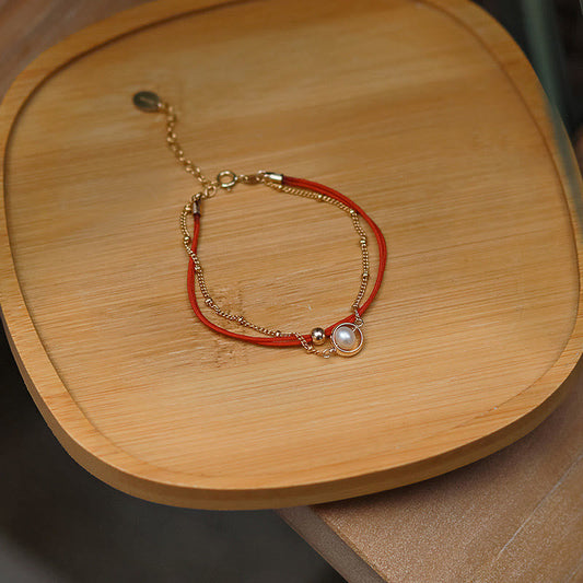 Ancient Tibetan Buddhist Red String Tradition 14K Gold Plated Pearl Bead Luck Red String Double Layer Bracelet
