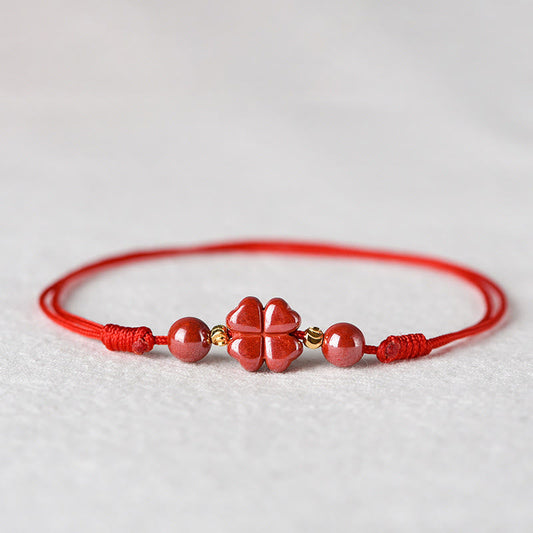 Ancient Tibetan Buddhist Red String Tradition Four Leaf Clover Cinnabar Blessing Calm String Bracelet Anklet