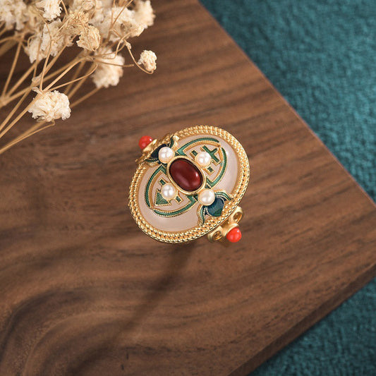 Jade White Jade Red Agate Happiness Luck Ring